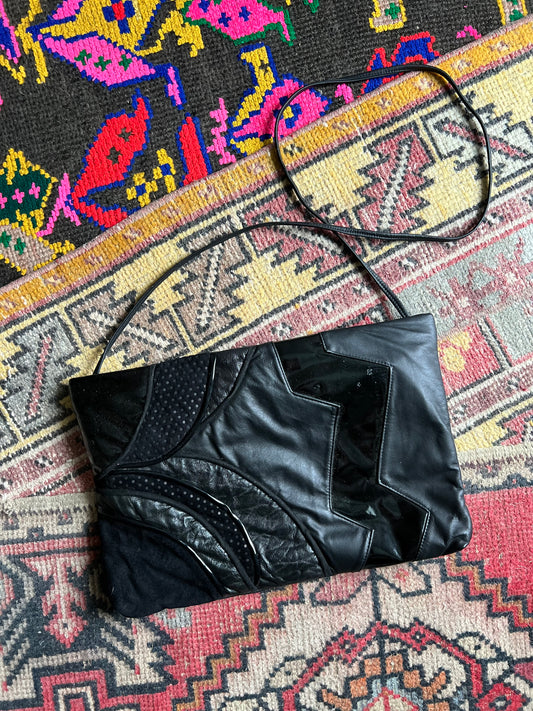 1980s black leather thin strap crossbody purse