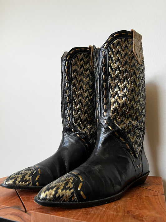 Black and gold metallic woven leather boots 7.5