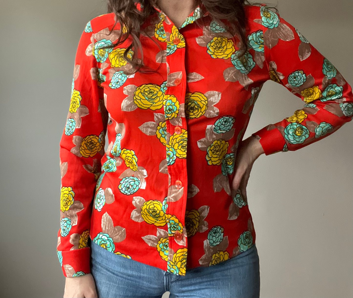 1970s button-down floral printed blouse M