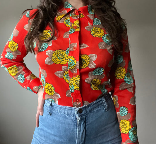 1970s button-down floral printed blouse M