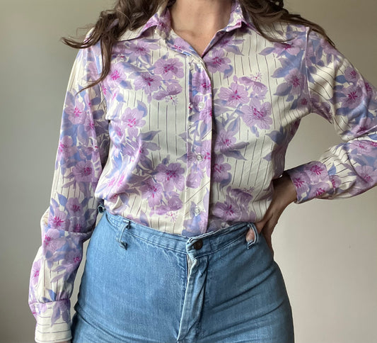 1970s purple floral print button-down blouse L